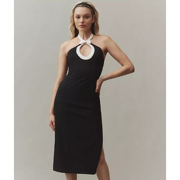 BHLDN Victoria Bow Halter Cutout Midi Dress Open Back Retro Formal Black Tie - Picture 1 of 13